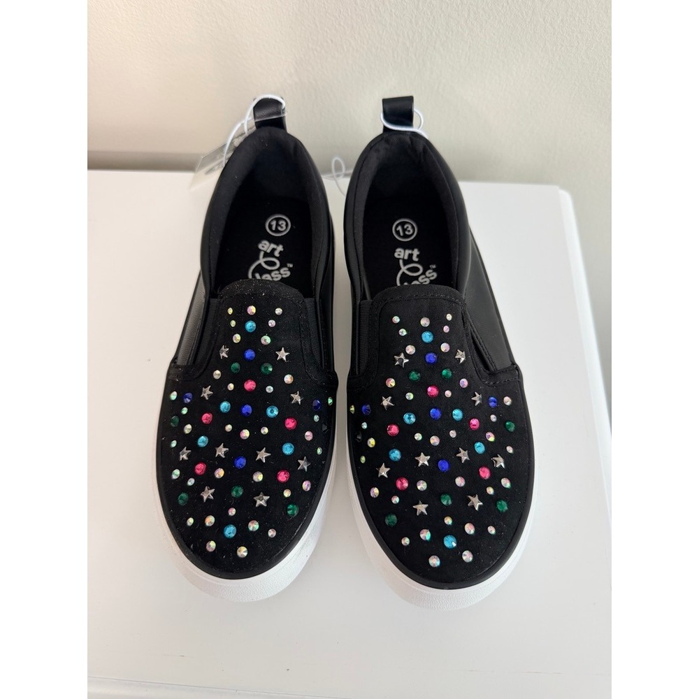 Art Class Slip On Sneakers Girls Size 13 Black Rhinestone Star Studs NWT